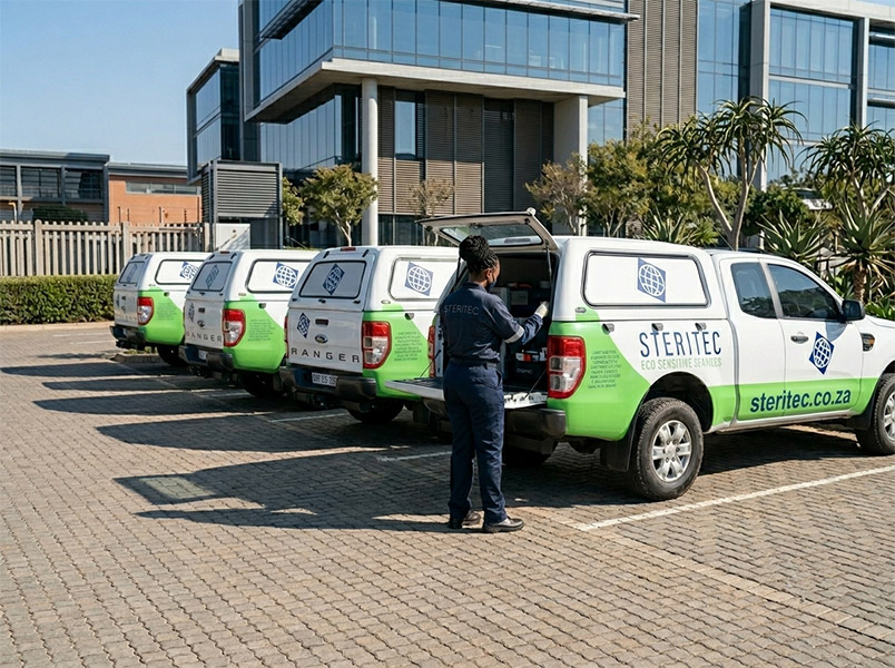 Fleet of branded Steritec service vehicles parked outside a corporate office park