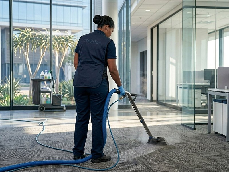 Steritec technician deep-cleaning office carpet tiles with a steam extraction machine