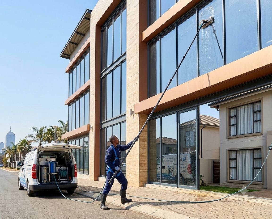 Commercial window cleaner using a water-fed pole on an office building in Gauteng